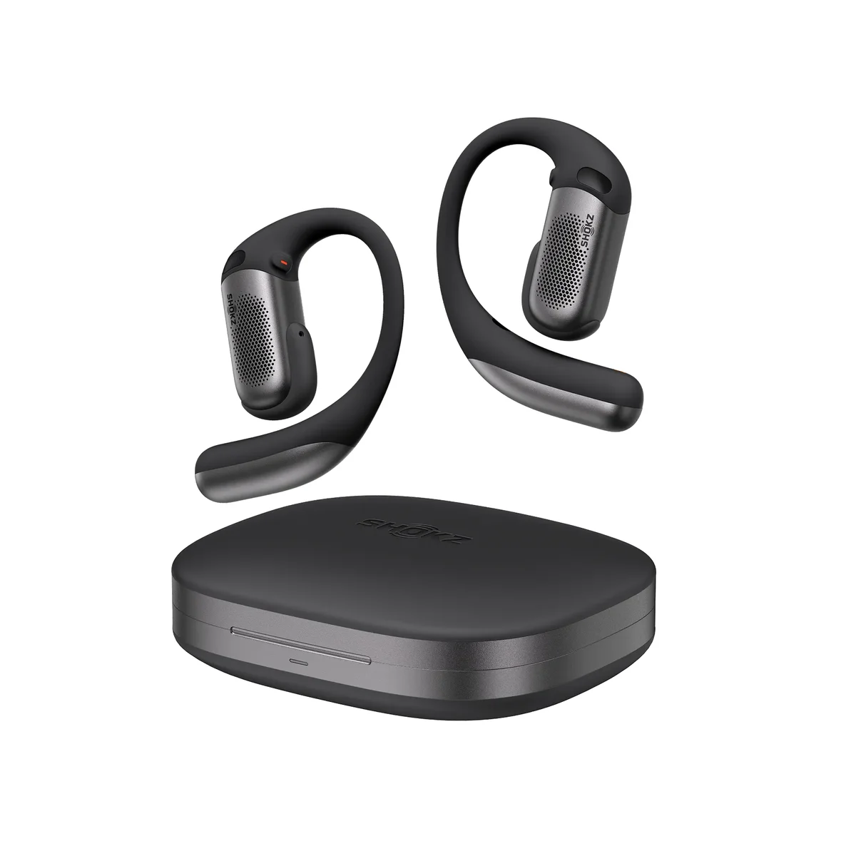 Shokz OpenFit Pro earbuds and charging case on white background
