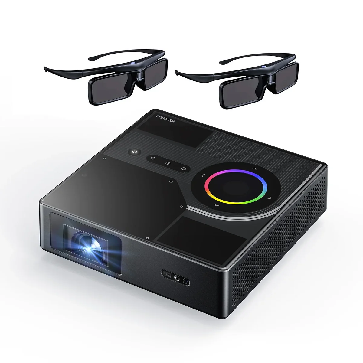 Nexigo Nova Mini projector with two 3D active shutter glasses showing built-in 3D playback capability