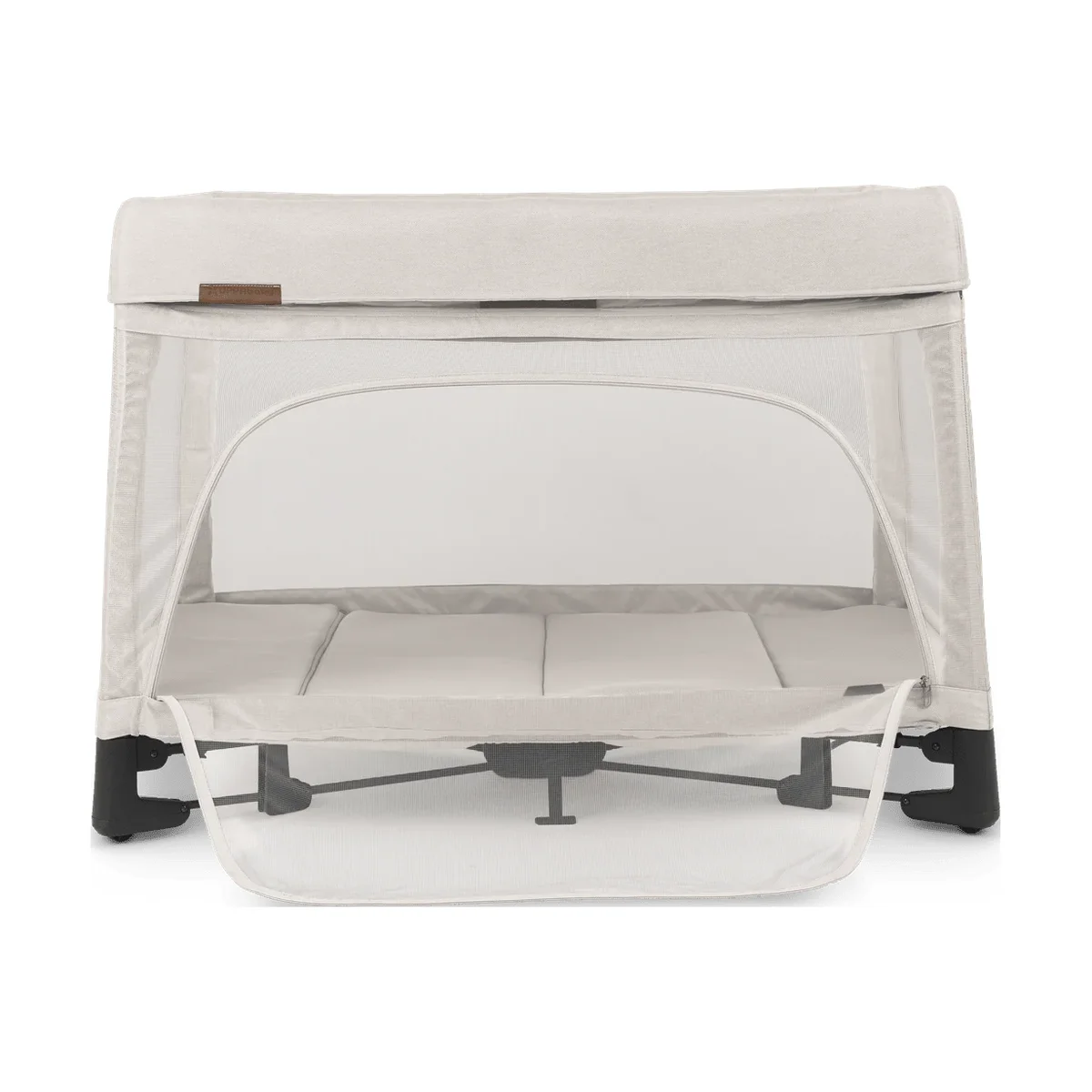 UPPAbaby REMI Playard with zip-down side panel fully open, showing the air mesh mattress