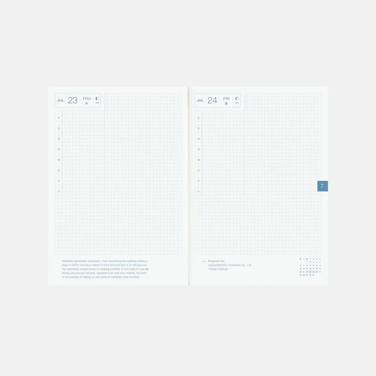 Hobonichi Techo Cousin A5 2026 open to a page-per-day spread with 24-hour timeline and grid