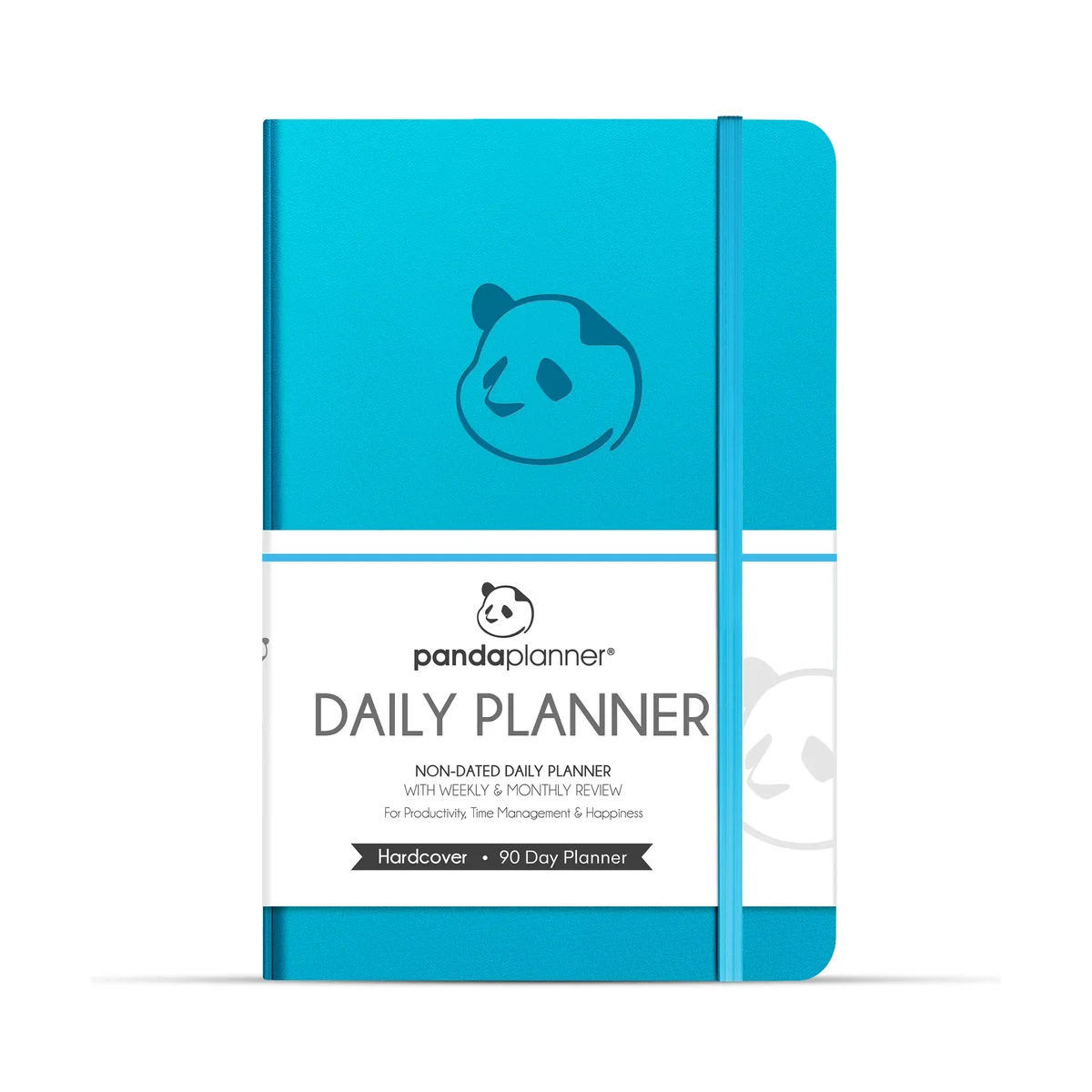 Panda Planner Classic in teal, front cover with embossed panda logo and elastic closure band