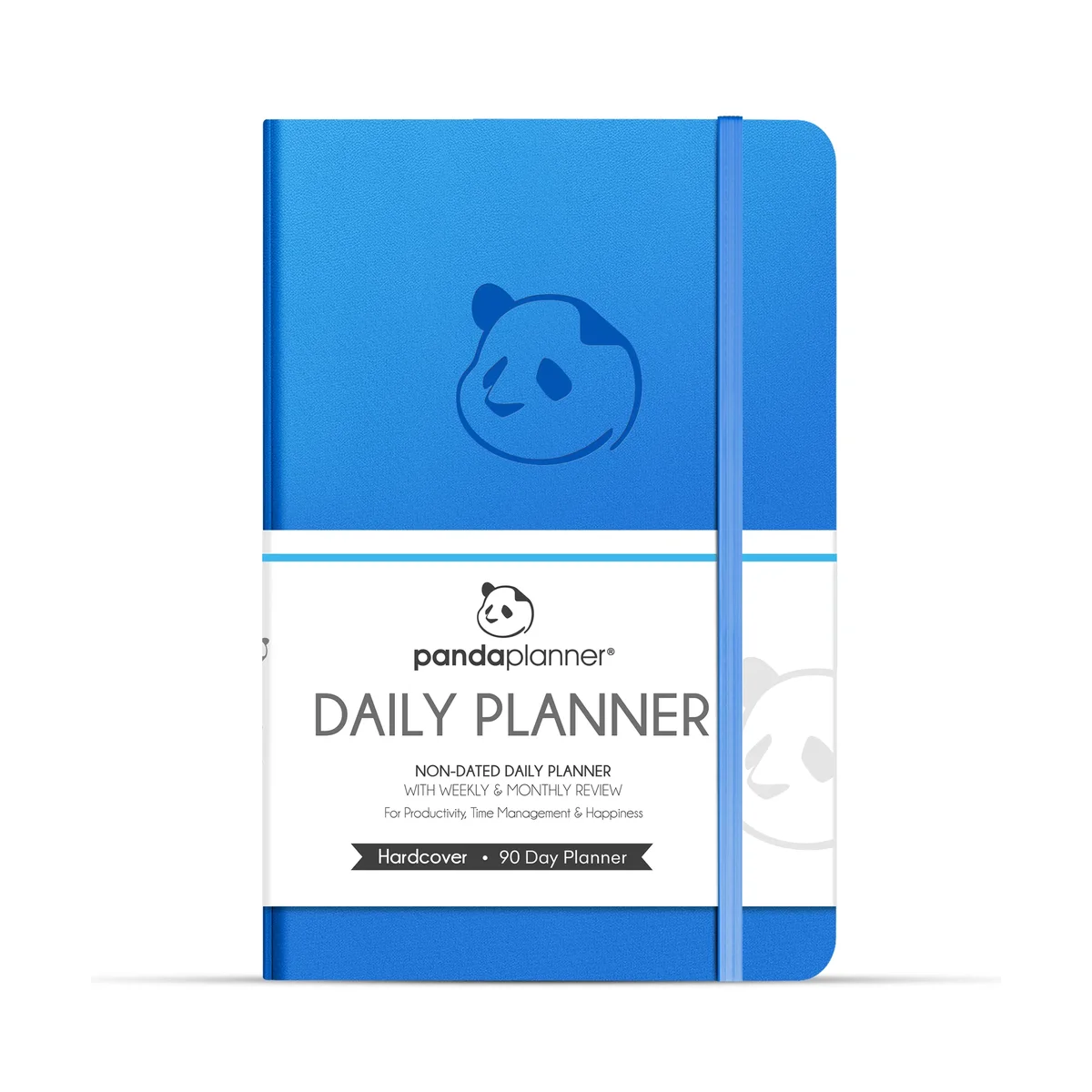Panda Planner Classic in blue, front cover showing the hardcover binding and elastic strap