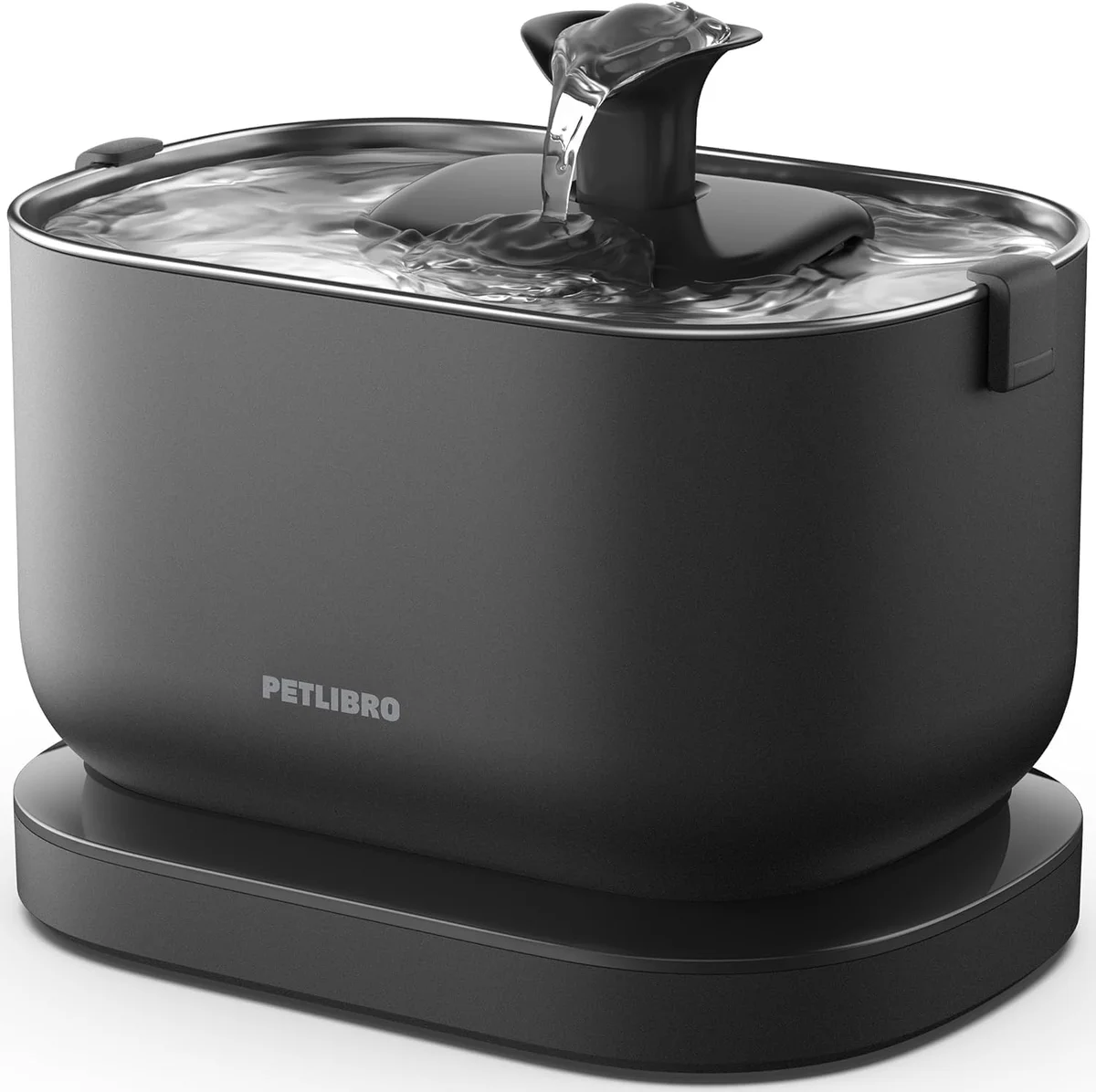 PETLIBRO Dockstream Cordless Pet Water Fountain in black, front angle showing the raised stainless steel drinking tray and cordless base on a white background