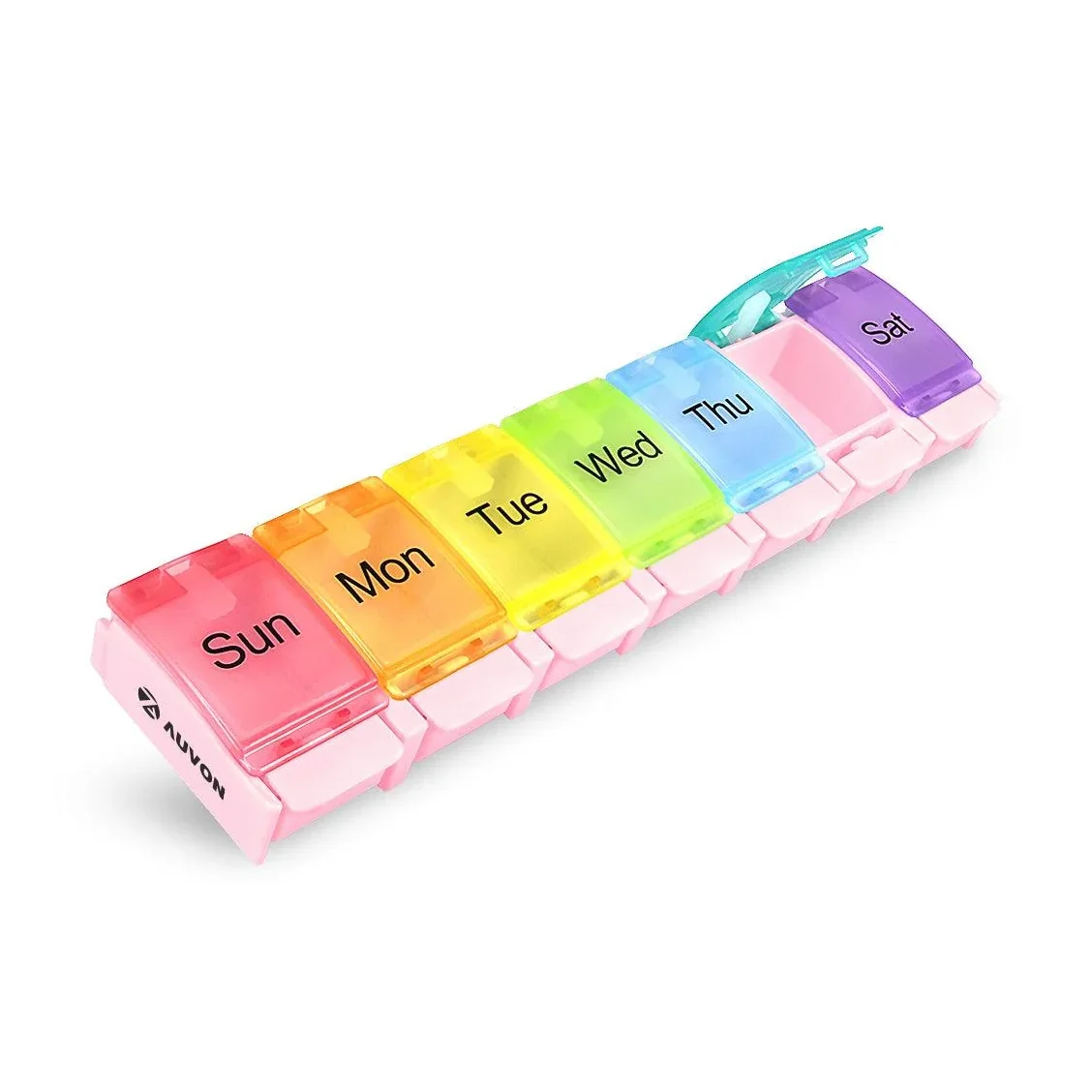 AUVON weekly pill organizer with all seven rainbow-colored day lids closed, 3/4 angle