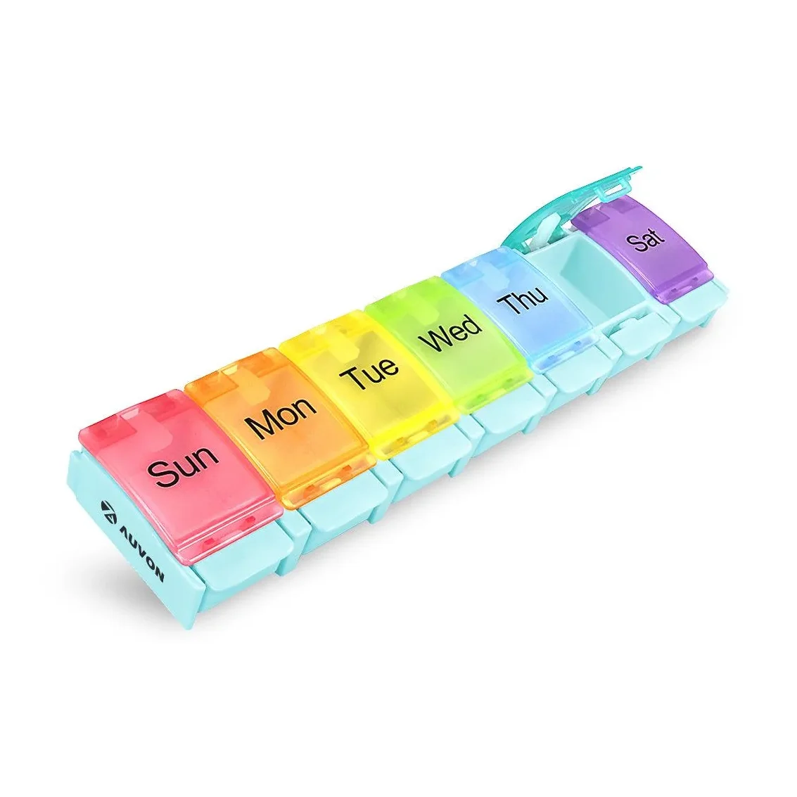 AUVON weekly pill organizer in the blue base color variant with rainbow day lids