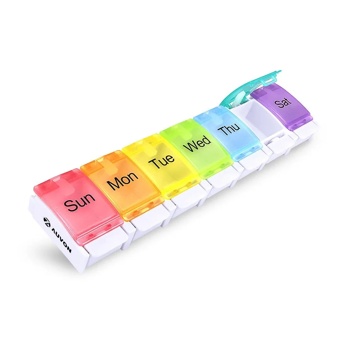 AUVON weekly pill organizer, white base with rainbow spring-open lids and one lid flipped open, 3/4 view