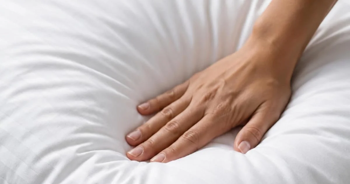 Hand pressing into the plush down-alternative fill of a Beckham Hotel Collection pillow, showing the stripe-weave cotton cover