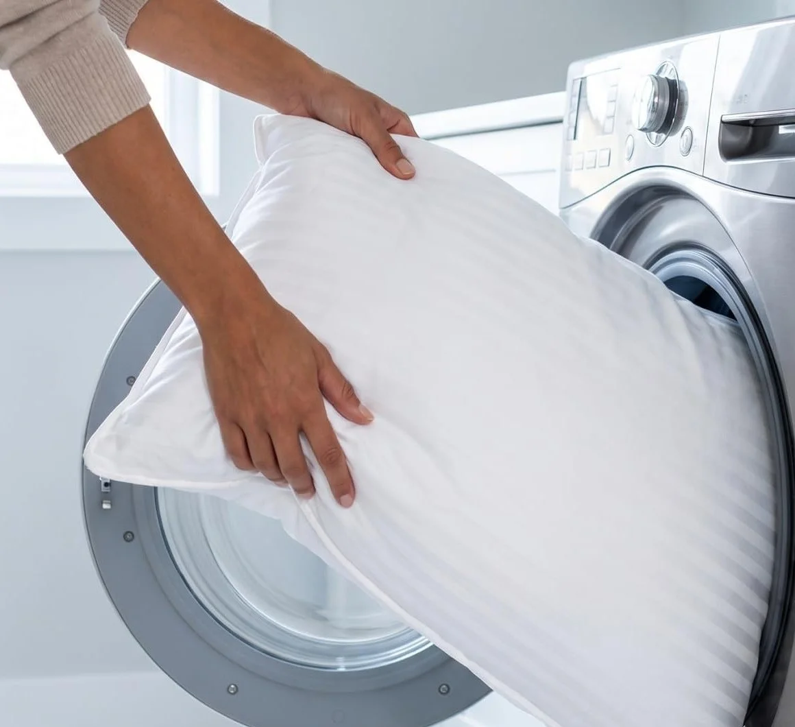 Beckham Hotel Collection pillow being loaded into a front-load washing machine