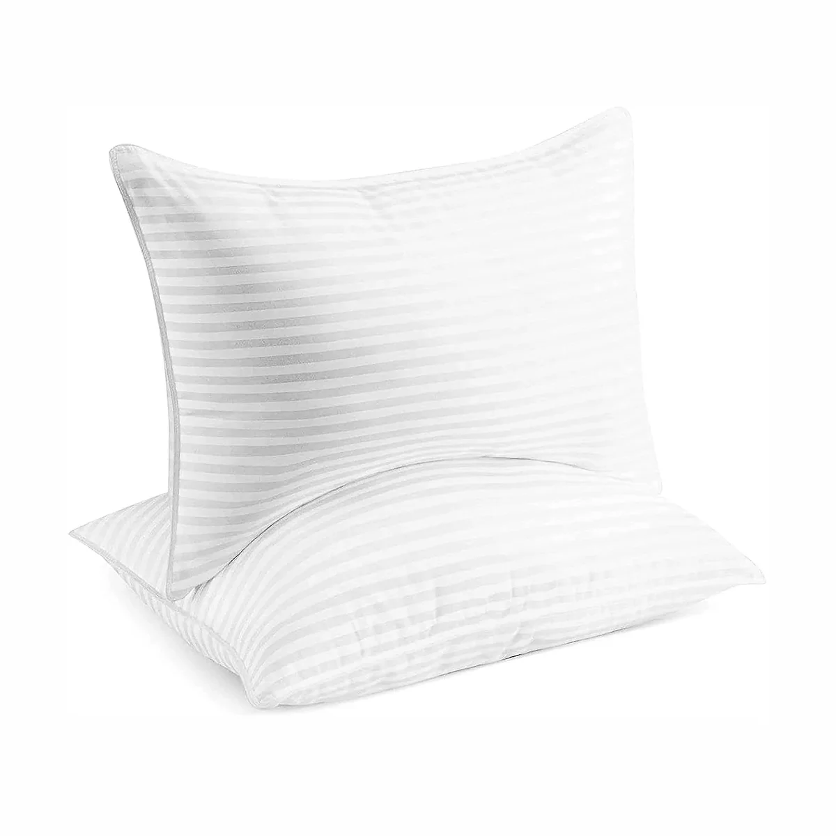 Beckham Hotel Collection Bed Pillows set of two white stripe-weave pillows stacked on a white background