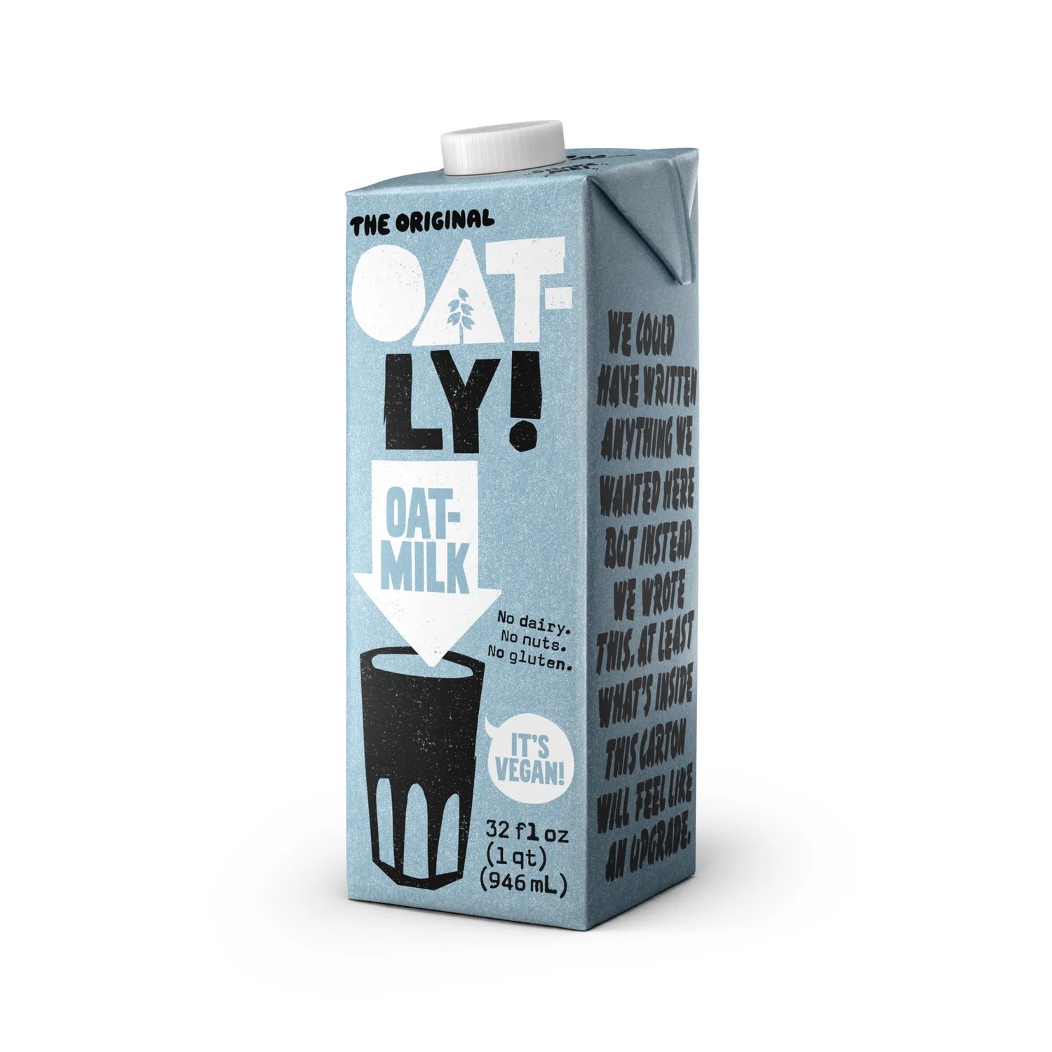 Oatly Original Oat Milk 32oz edge carton showing the It's Vegan label on white background