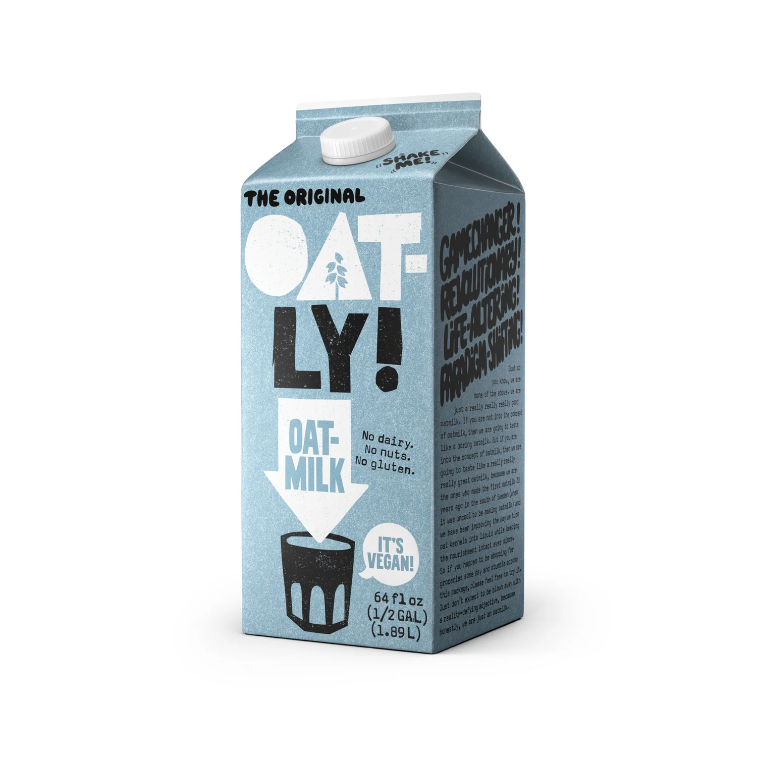 Oatly Original Oat Milk 64oz gabletop carton, right-facing view on white background