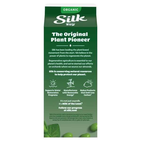 Silk Organic Unsweetened Soy Milk carton, alternate angle on white background