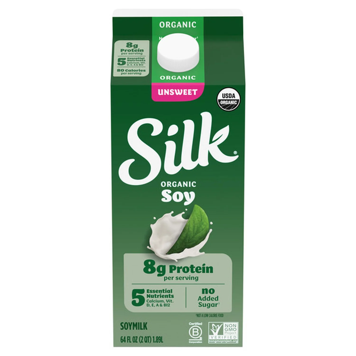 Silk Organic Unsweetened Soy Milk 64 fl oz carton, front view on white background