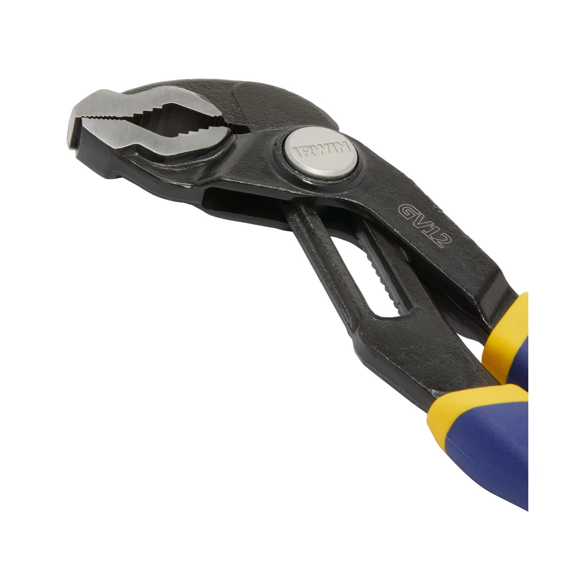 Irwin Vise-Grip GrooveLock plier jaw and Press-N-Slide pivot button close-up