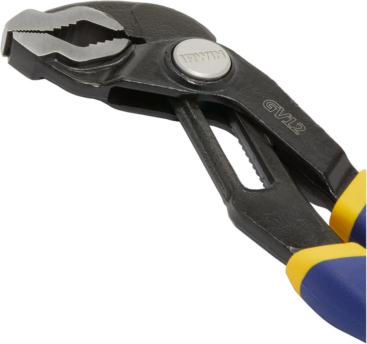 Irwin Vise-Grip GrooveLock plier angled jaw detail showing serrated teeth and IRWIN pivot badge