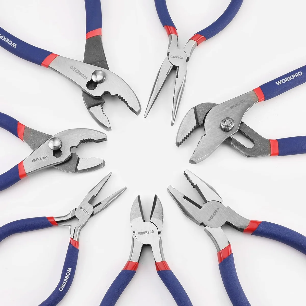 WorkPro 7-Piece Pliers Set arranged in a radial fan pattern showing jaw details
