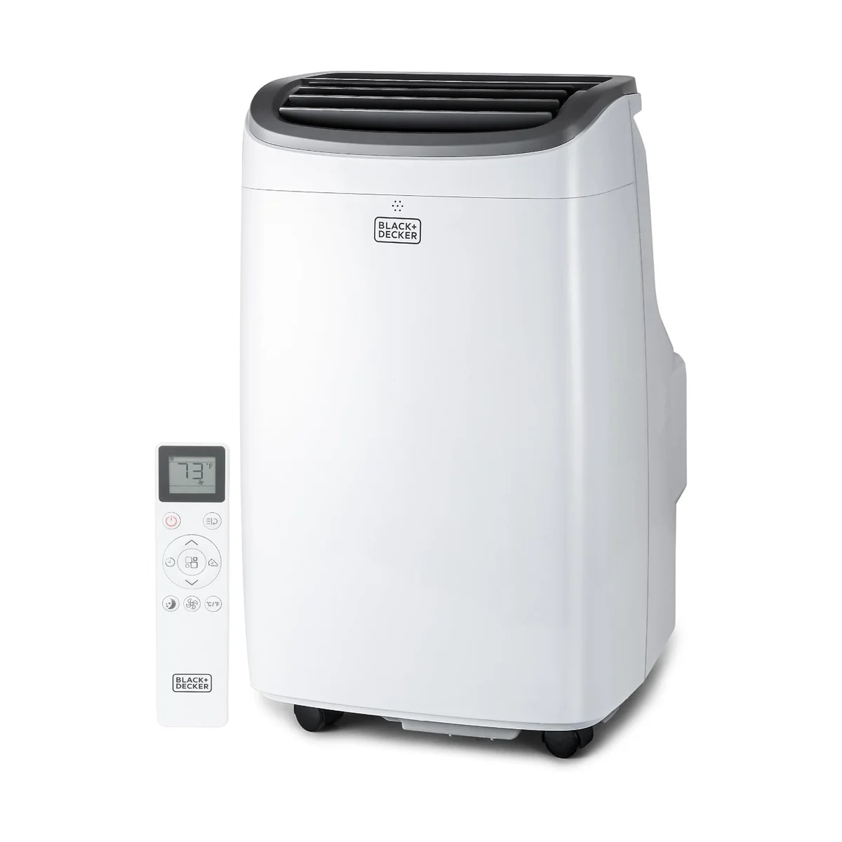 Black and Decker BPACT08WT portable air conditioner front view with remote control