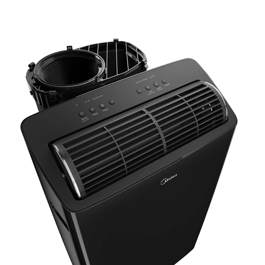 Midea Duo portable air conditioner close-up of top control panel and dual hose exhaust port