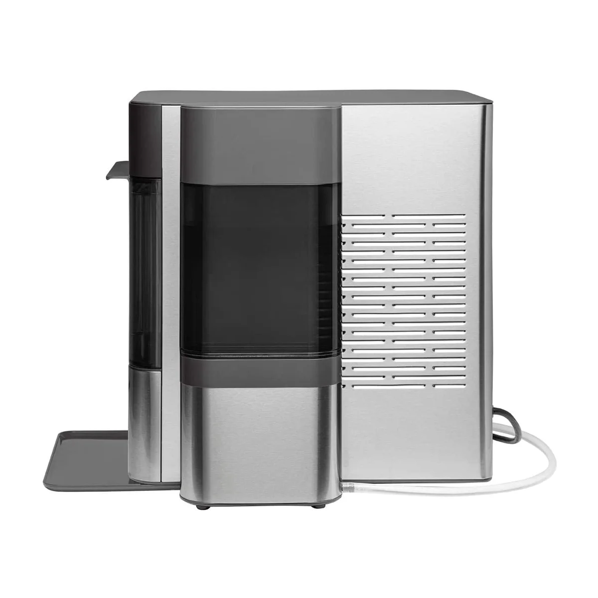 GE Profile Opal 2.0 side and rear view showing ventilation grill and drain hose