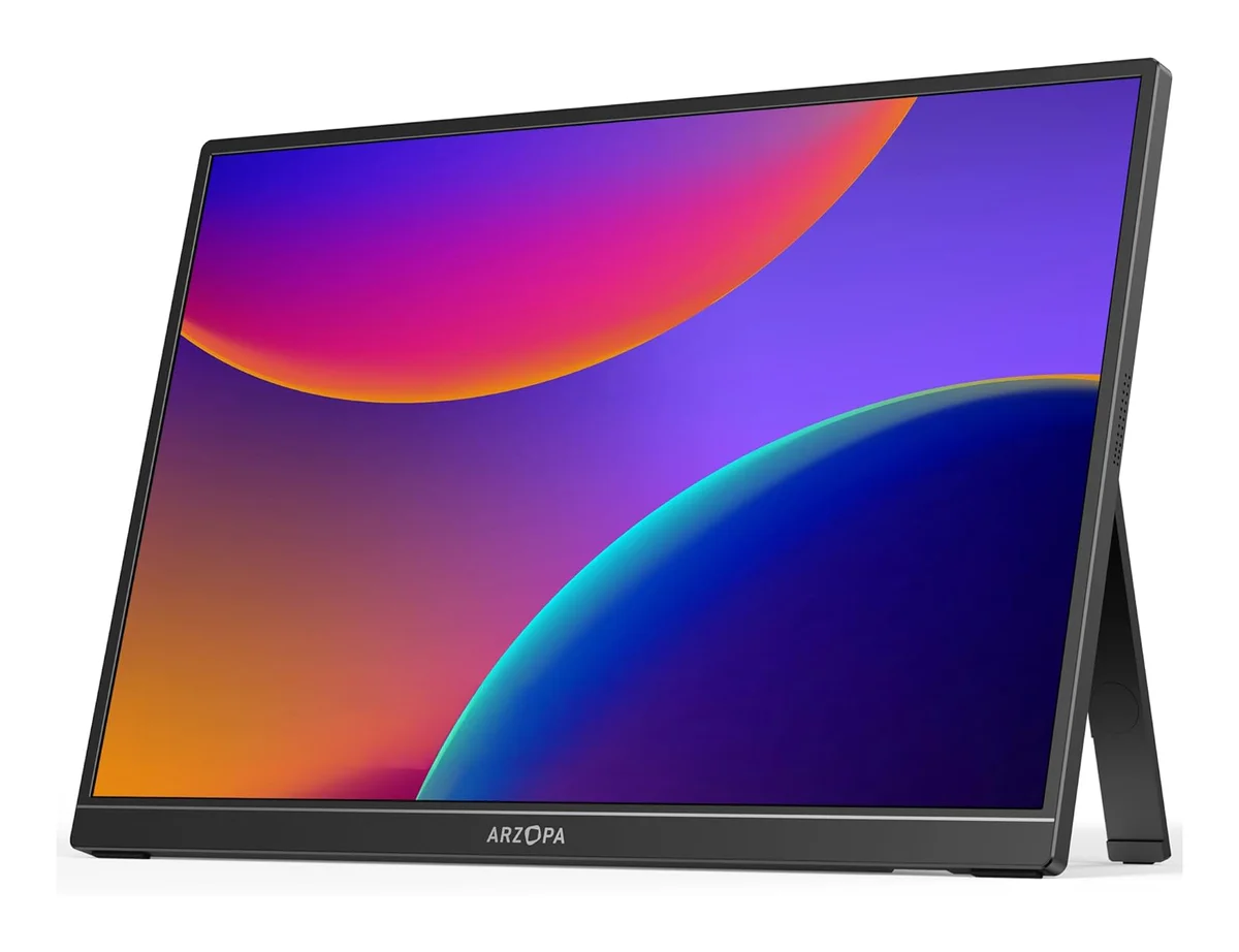 Arzopa Z1RC portable monitor 3/4 angle view showing colorful display and built-in kickstand