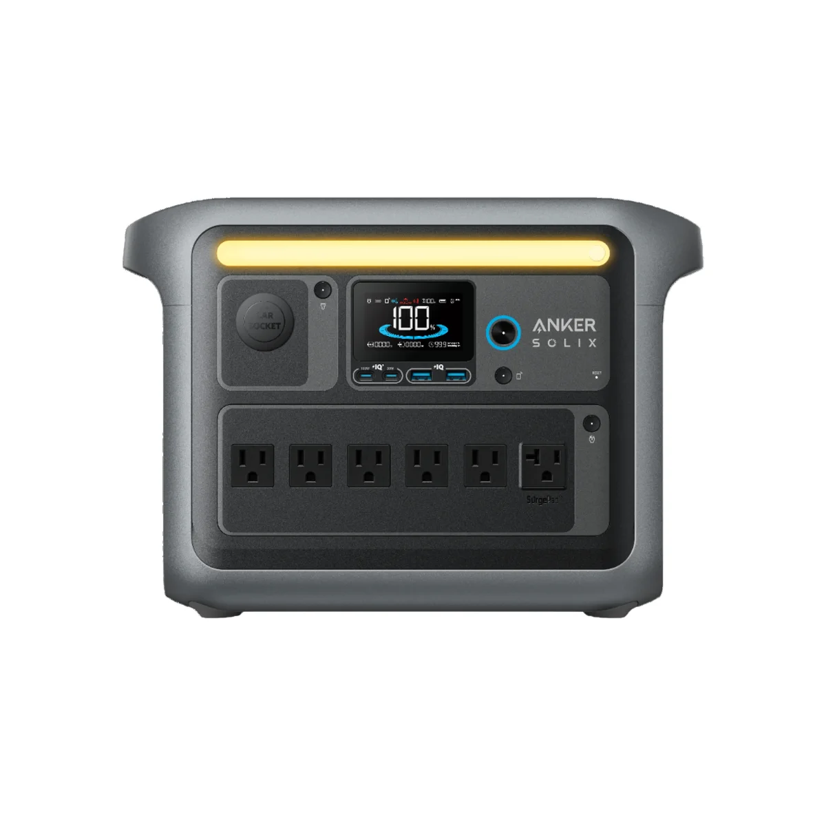 Anker SOLIX C1000 front panel showing six AC outlets, USB-C ports, and 100% charge display