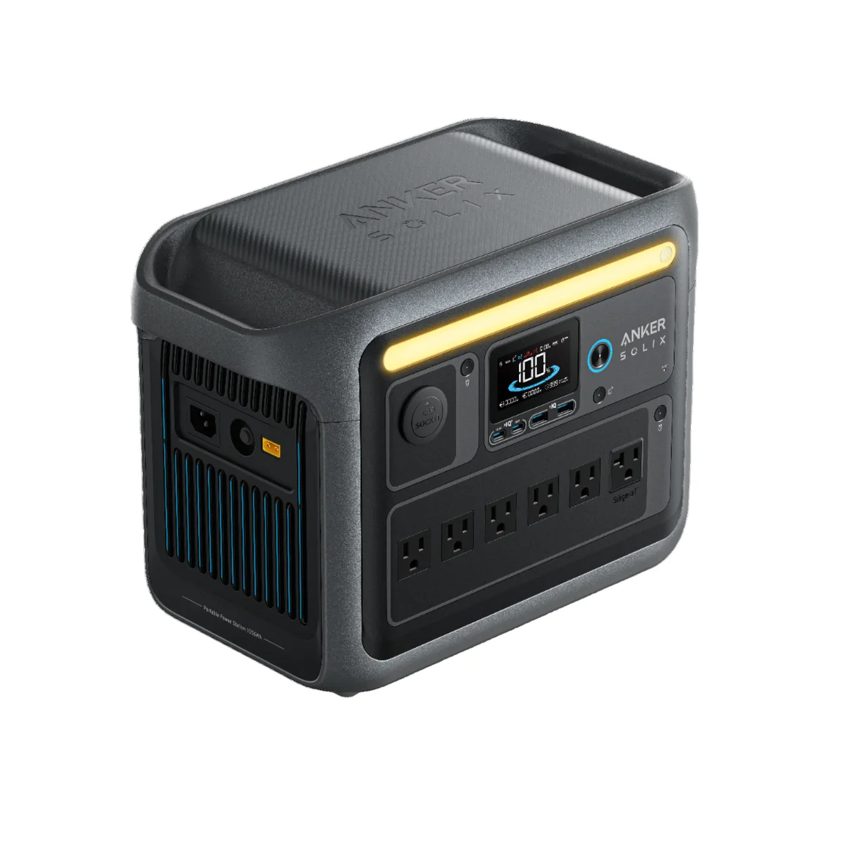 Anker SOLIX C1000 rear-left angle showing DC input, XT60 solar port, and ventilation grille