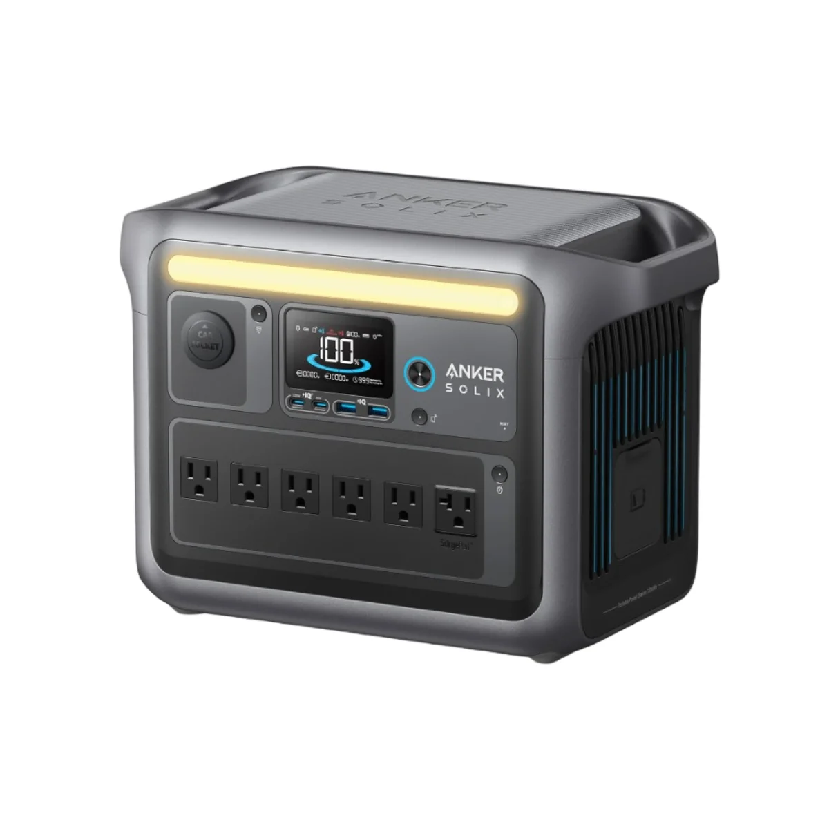 Anker SOLIX C1000 portable power station 3/4 front view showing display, USB-C ports, and AC outlets
