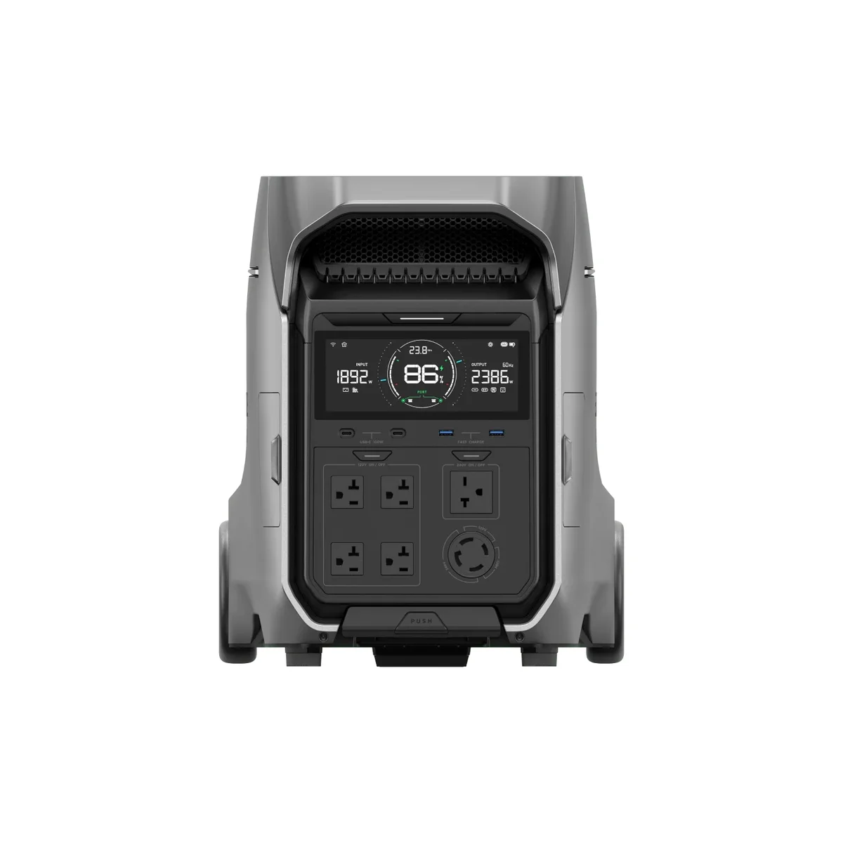 EcoFlow Delta Pro 3 front panel close-up showing AC outlets, USB ports, and LCD display