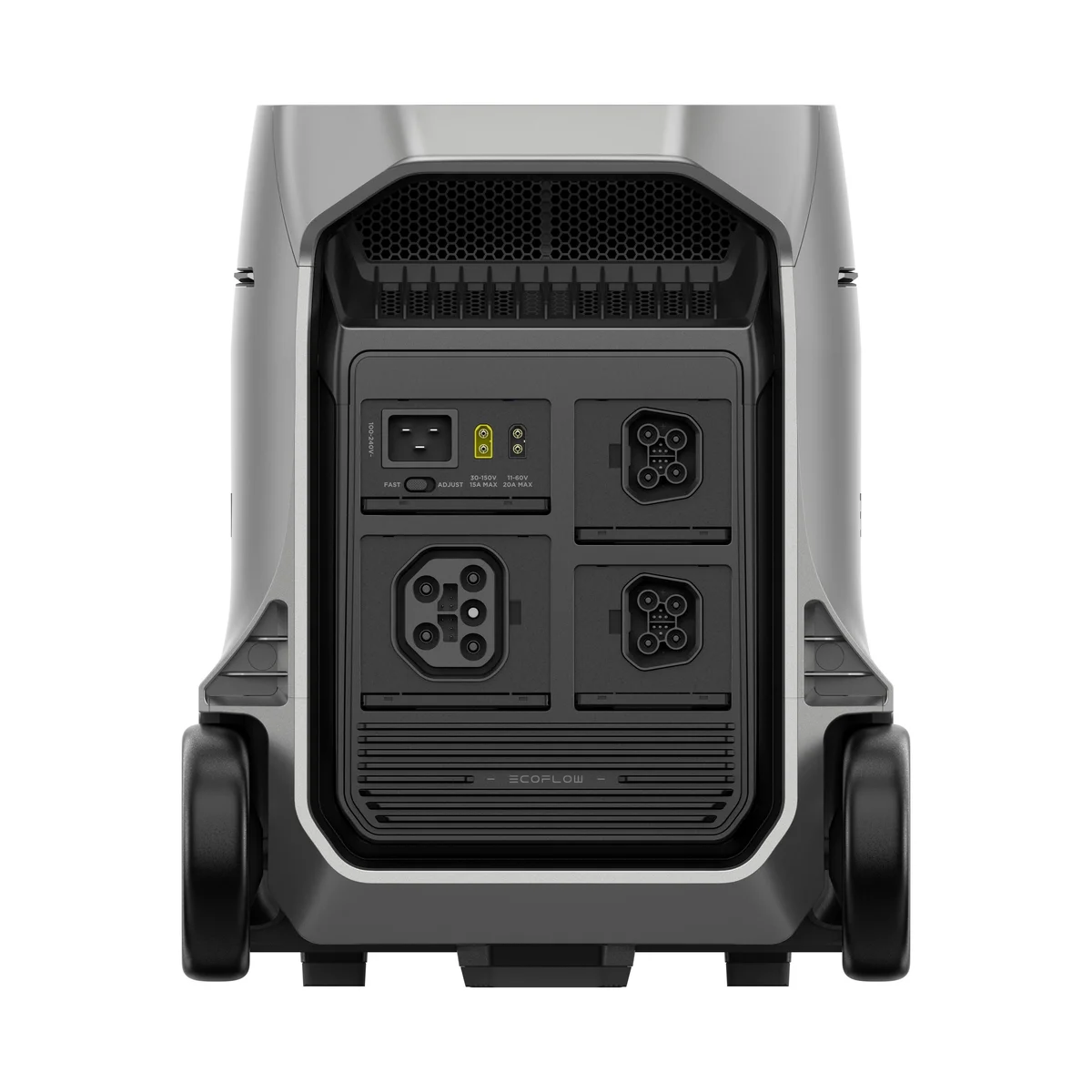 EcoFlow Delta Pro 3 rear panel showing AC input port and expansion battery connections