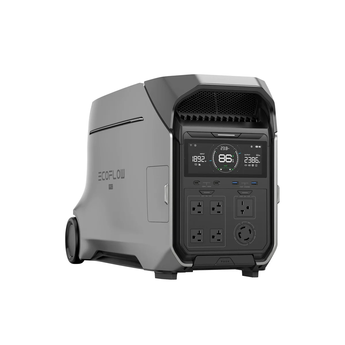 EcoFlow Delta Pro 3 three-quarter rear view showing side profile and wheel design