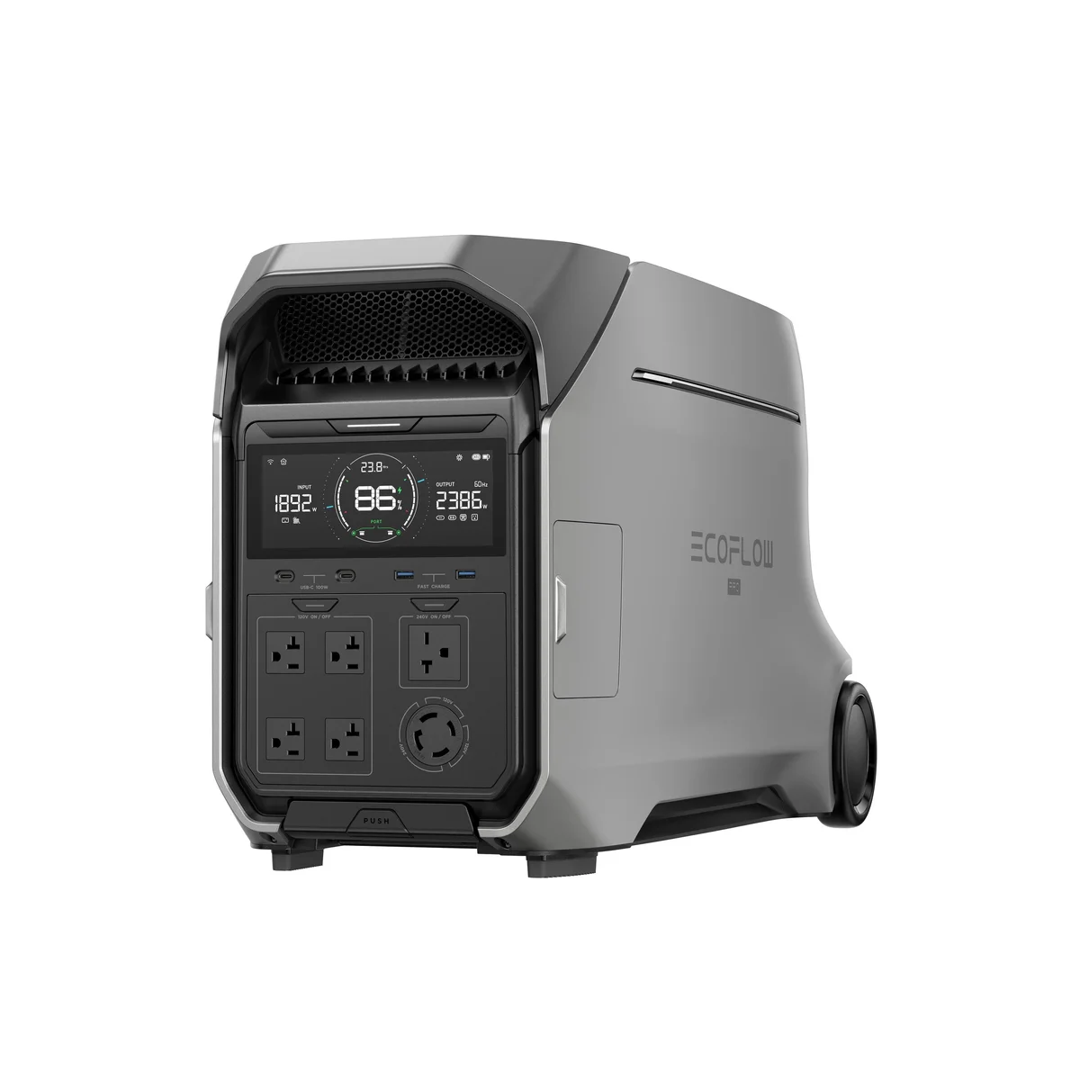 EcoFlow Delta Pro 3 three-quarter front view showing display and port panel