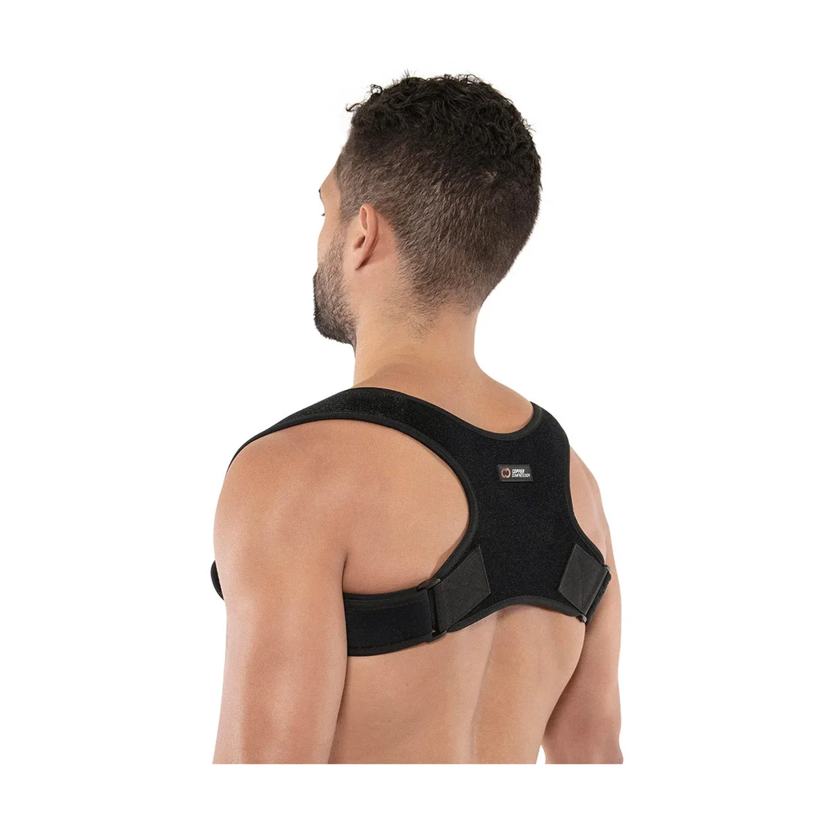 Copper Compression Posture Corrector three-quarter rear angle showing the figure-8 strap design across the upper back