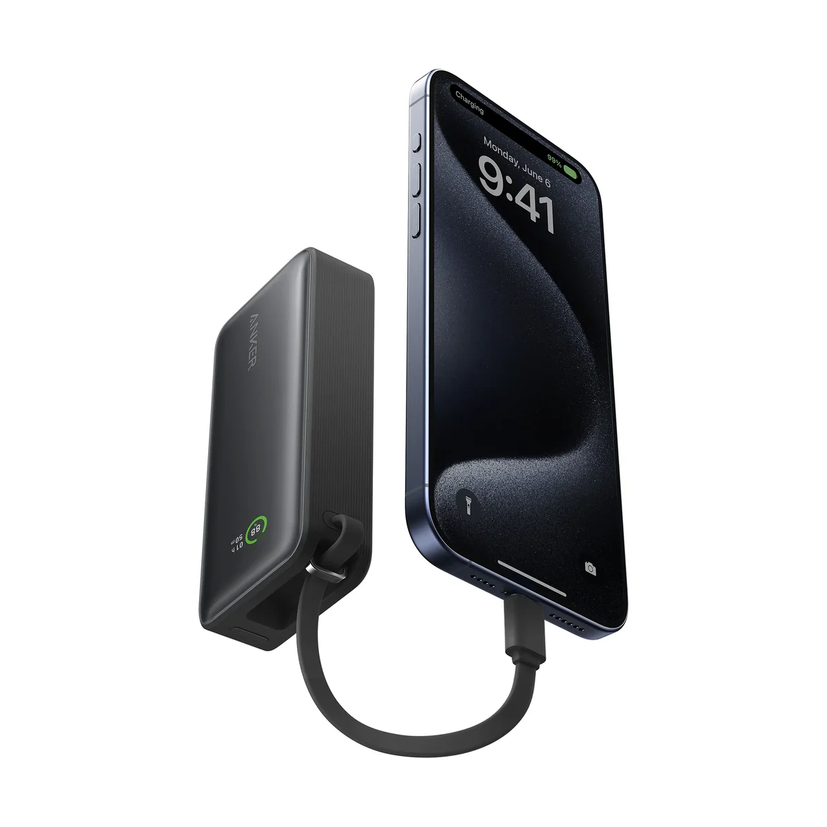 Anker Nano Power Bank 10K 30W charging an iPhone through its built-in USB-C cable