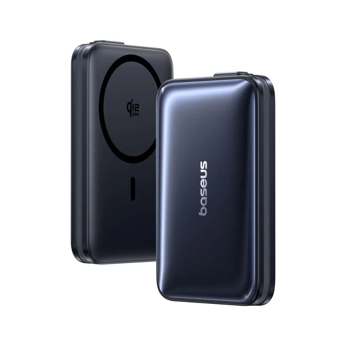Baseus PicoGo AM61 front and back showing Qi2 charging pad and Baseus branding