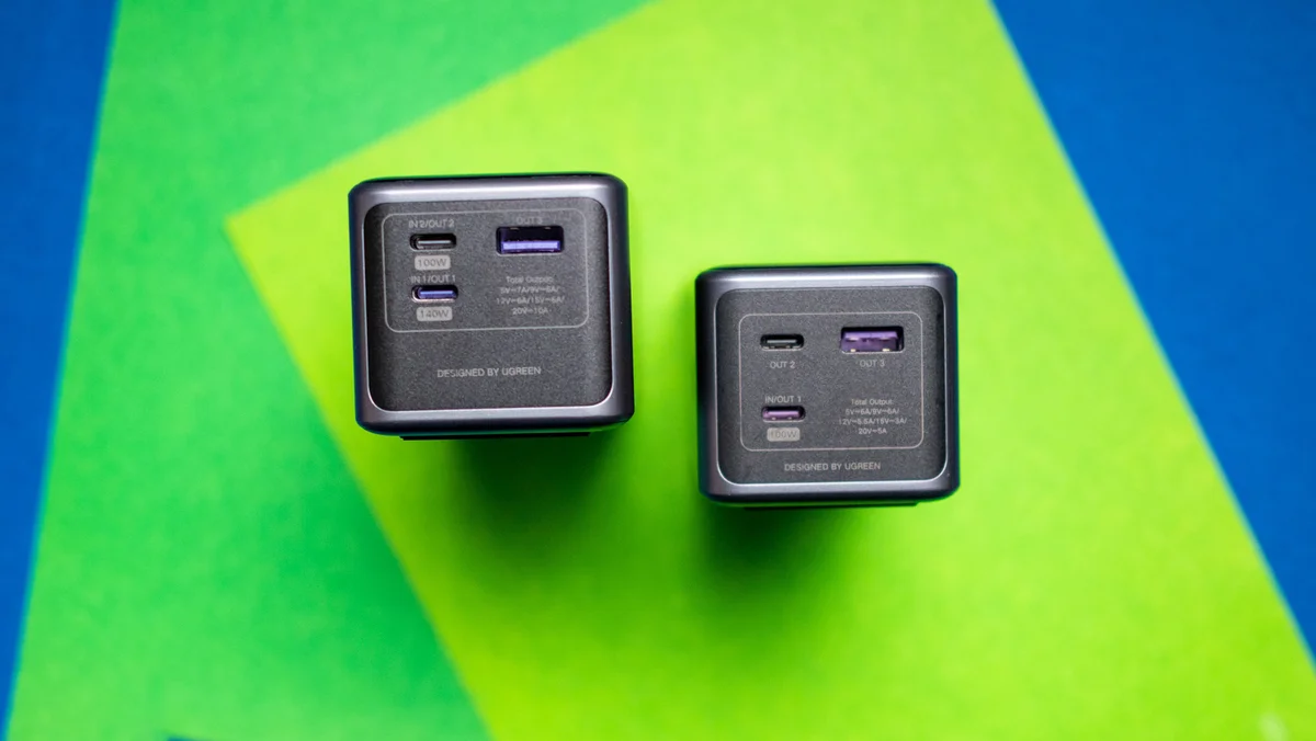 UGREEN Nexode 200W port panel close-up showing dual USB-C and USB-A ports with wattage labels