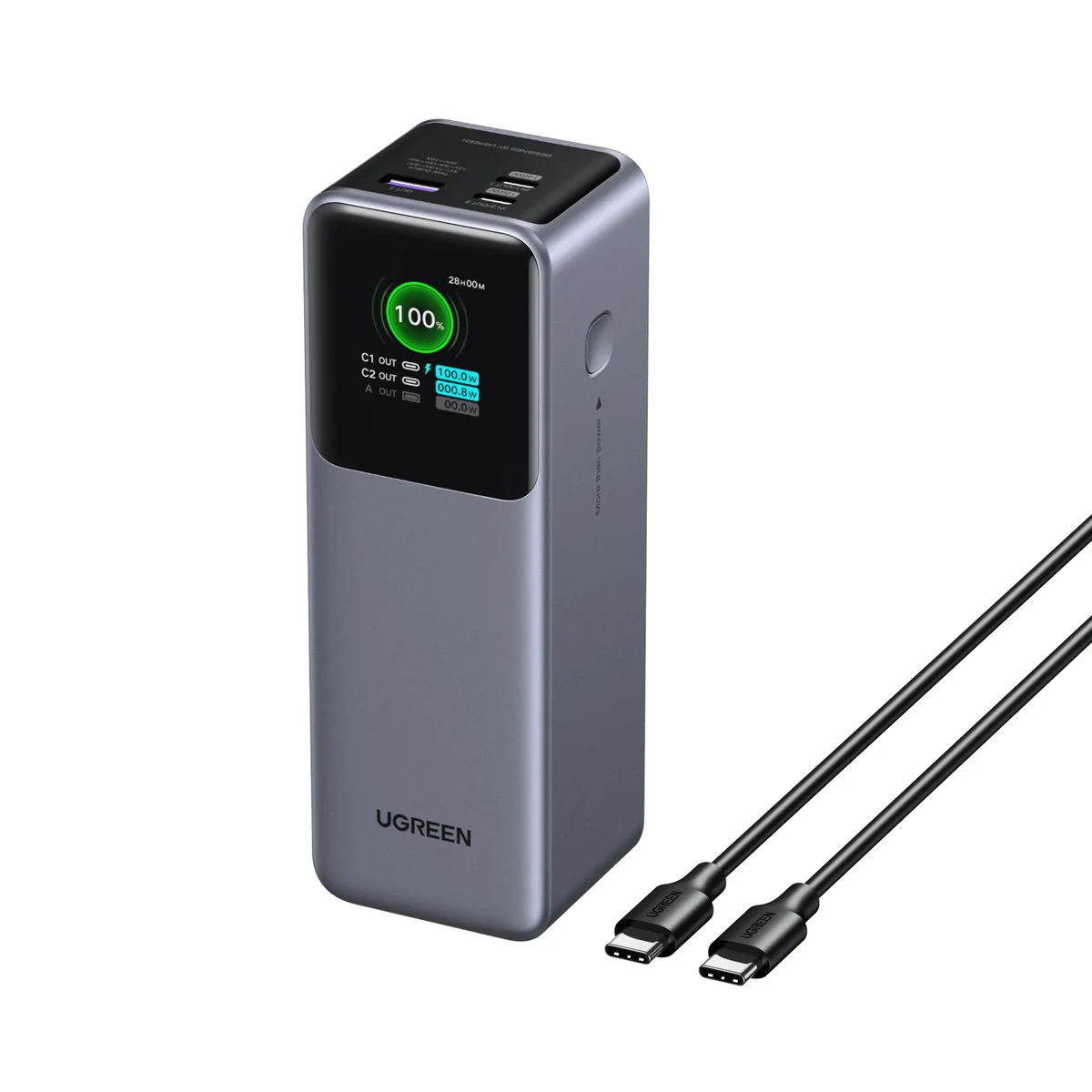 UGREEN Nexode 200W power bank front view showing TFT display with charging status and included USB-C cable