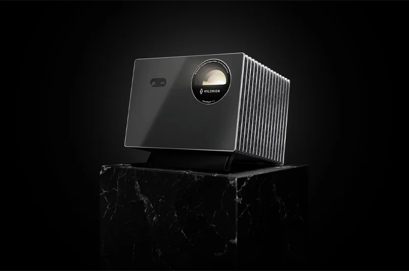 Valerion VisionMaster Pro 2 on black marble pedestal, 3/4 view