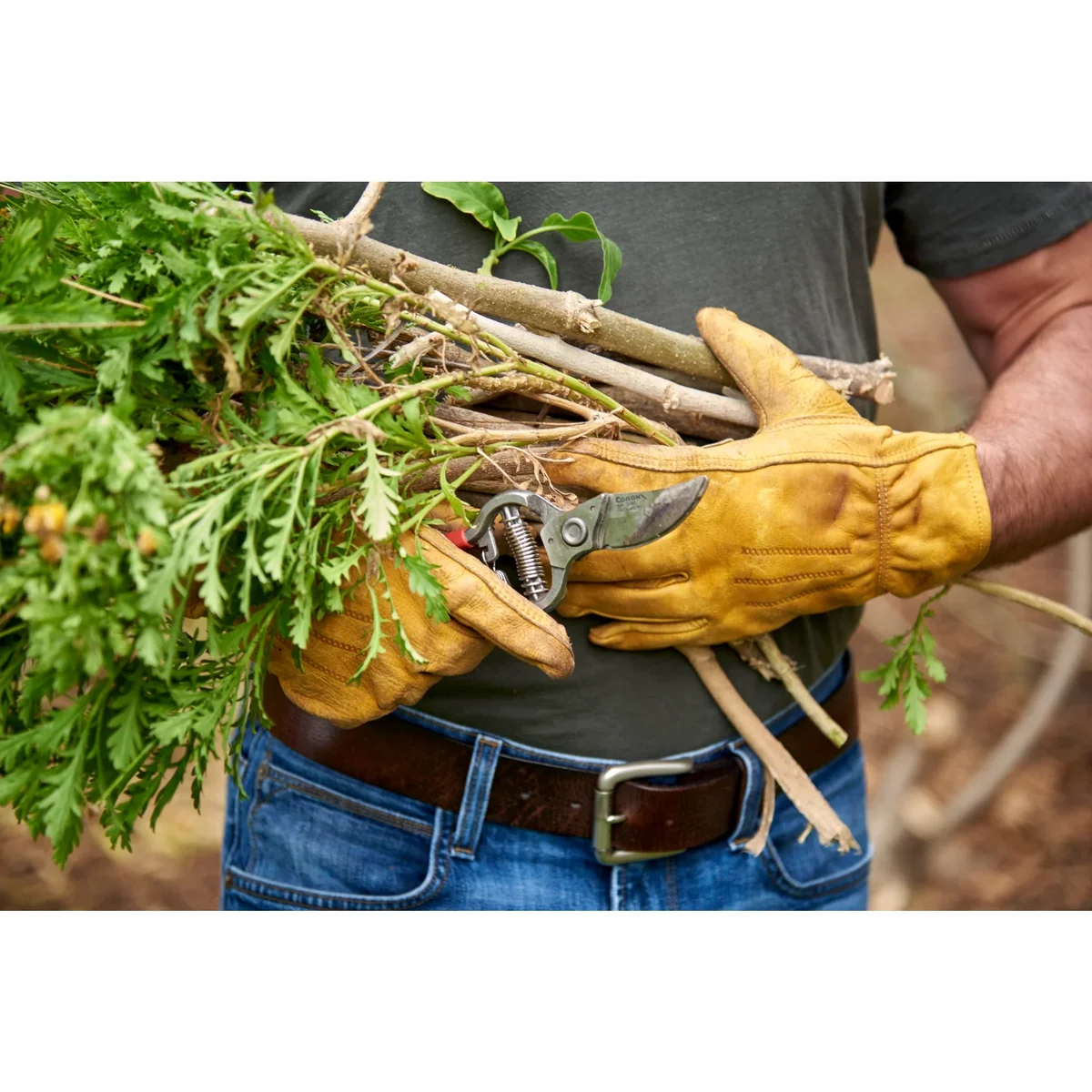 Corona ClassicCUT bypass pruner held with cut stems and foliage, close alternate angle