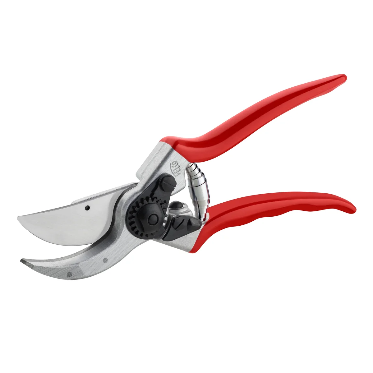 Felco 2 pruner with jaws open, three-quarter angle showing the cutting head and red-coated grips