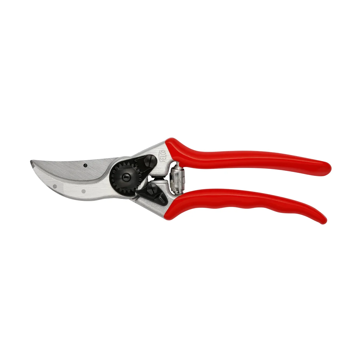 Felco 2 Classic bypass pruner with red handles and chrome blade, closed, side view on white