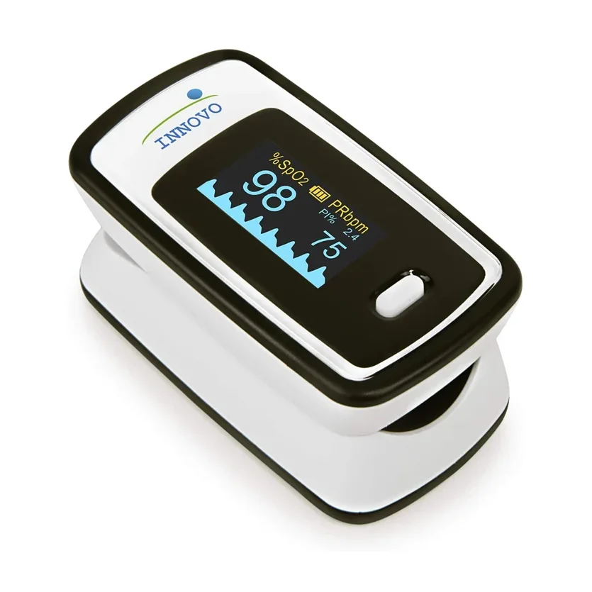 Innovo Deluxe iP900AP fingertip pulse oximeter, 3/4 view showing OLED plethysmograph and perfusion index display