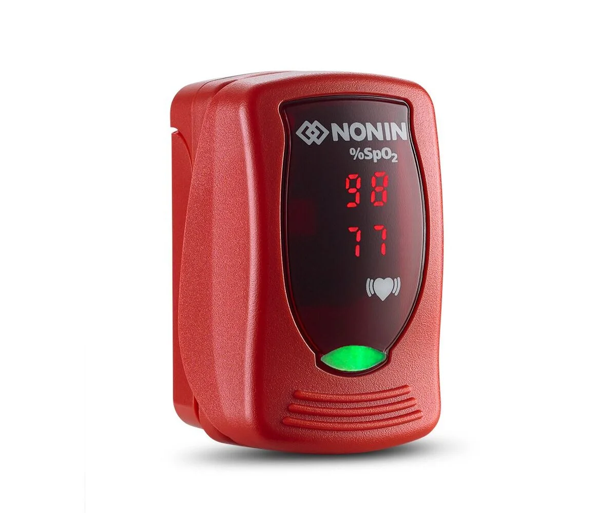 Nonin Onyx Vantage 9590 pulse oximeter in red, three-quarter angle view