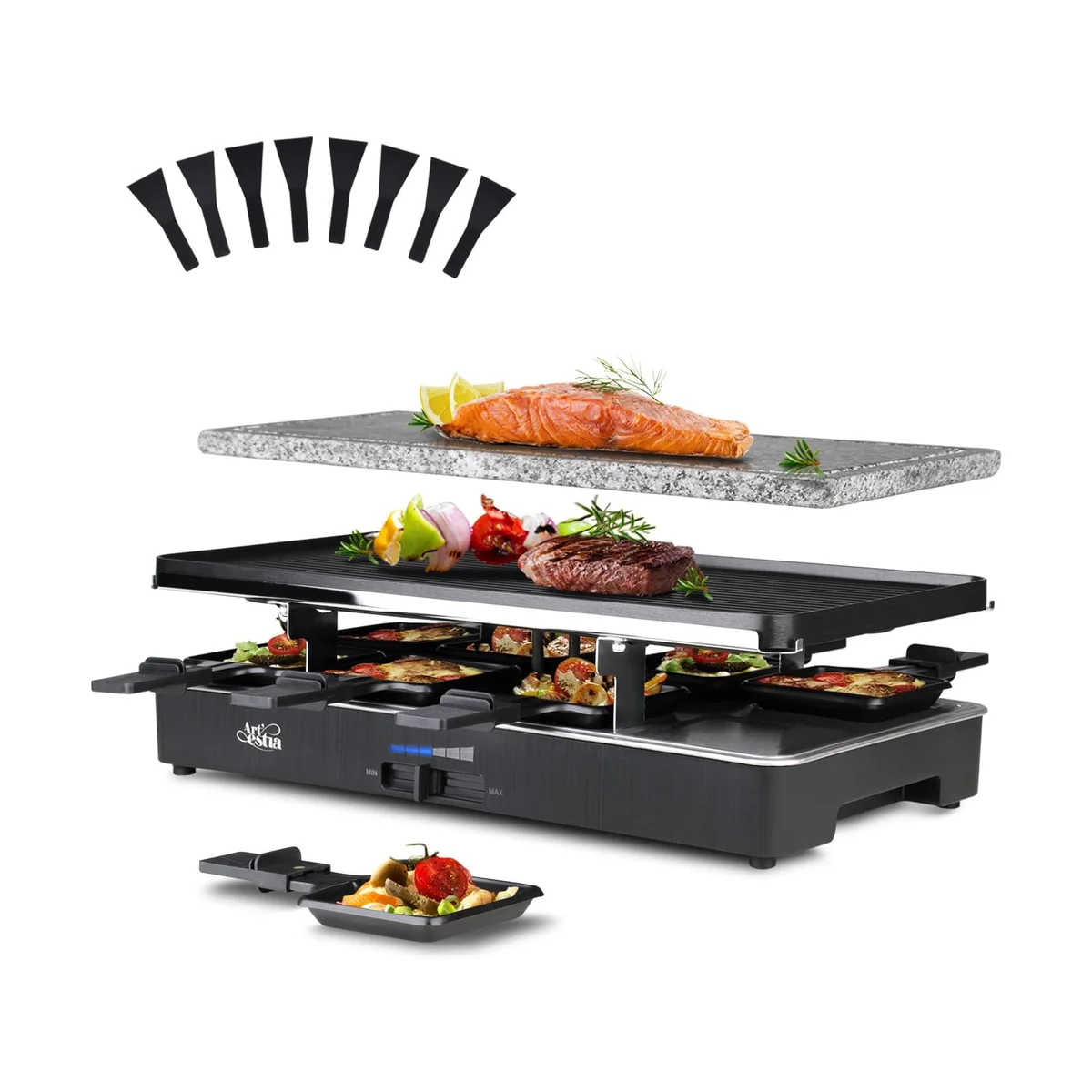 Artestia Raclette Party Grill AR-89001 with granite stone top, reversible non-stick grill plate, eight raclette pans and spatulas, shown with salmon, steak and vegetables