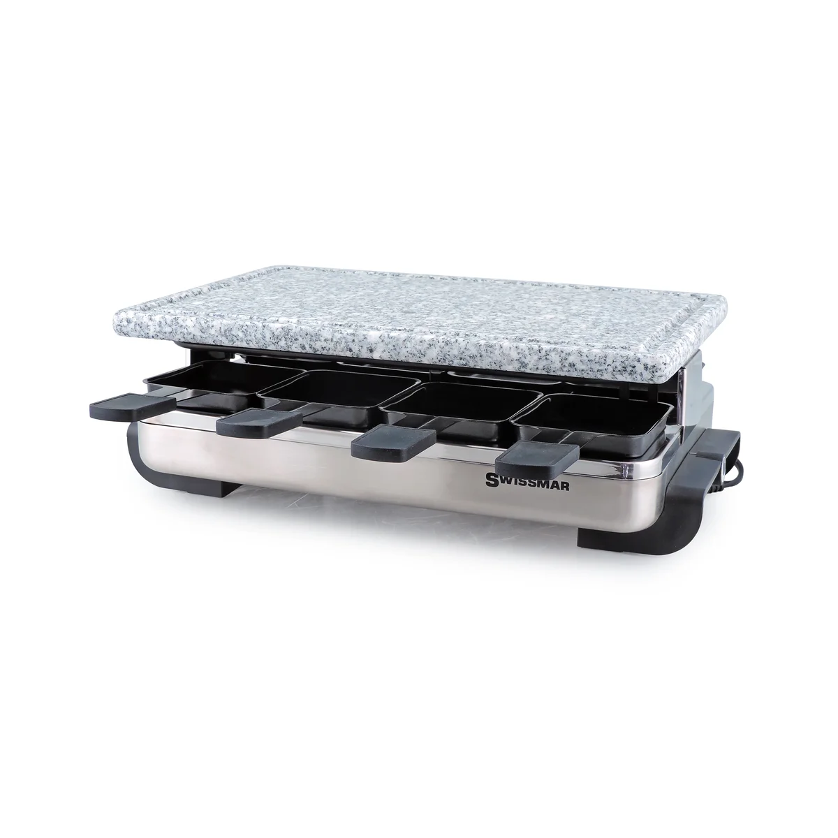 Swissmar Stelvio 8-person raclette grill with granite stone top and brushed stainless steel base, eight raclette pans tucked underneath