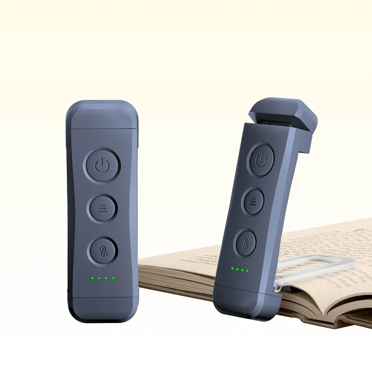 Glocusent Bookmark Style Reading Light in the Dark Blue finish, with the light head tilted forward over an open book