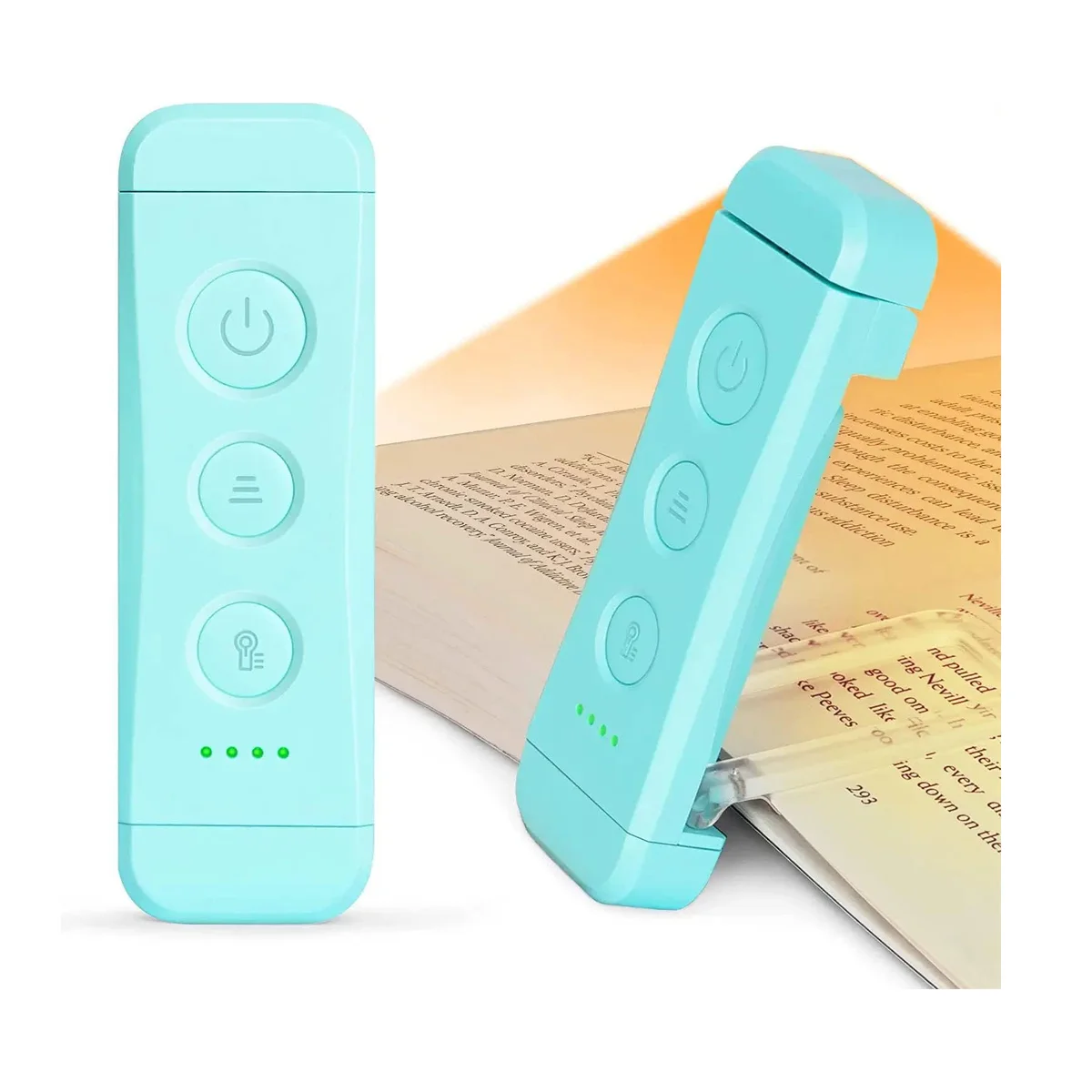 Glocusent Bookmark Style Reading Light in Blue, front view showing the power, brightness and color buttons beside a second unit clipped onto an open book