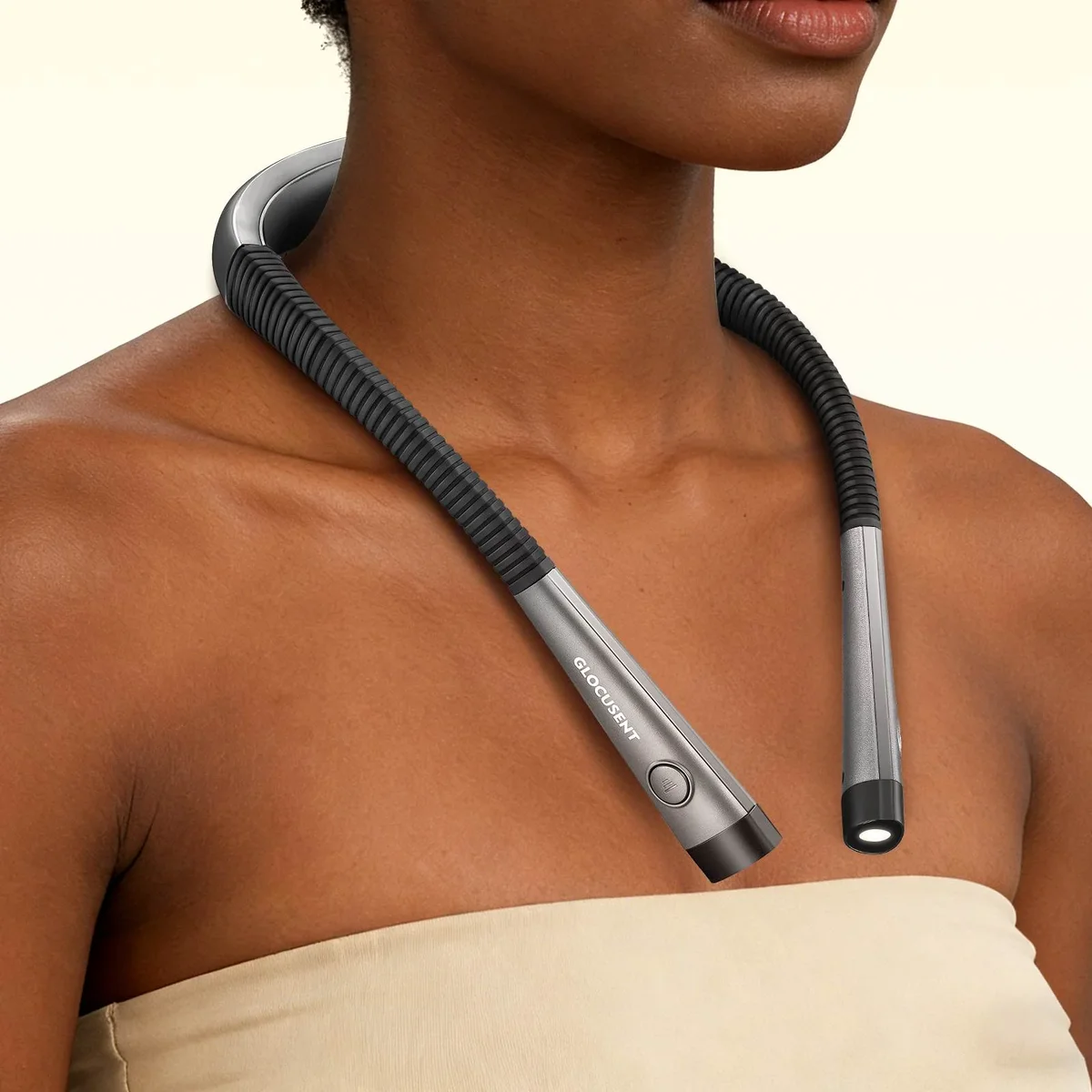 Woman wearing the Glocusent LED Neck Reading Light around her neck, with both arms angled down and one LED head lit