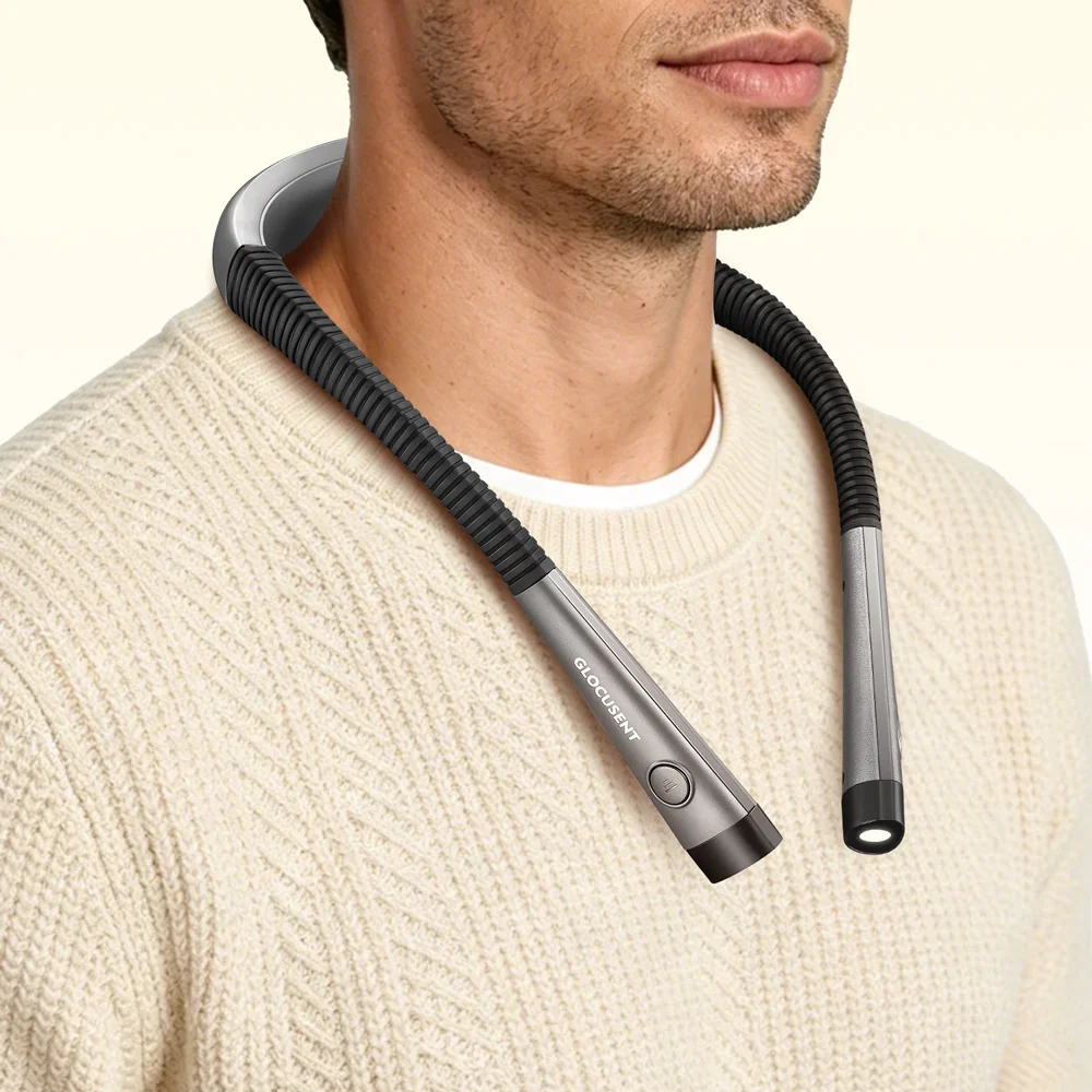 Man in a knit sweater wearing the Glocusent LED Neck Reading Light, showing the arm-mounted control button and lit LED head