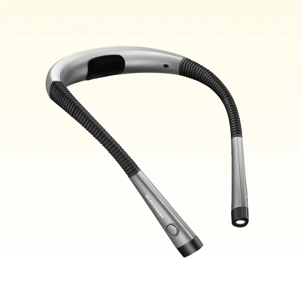 Glocusent LED Neck Reading Light (Original, Gray) three-quarter view showing the gray neck band, both flexible ribbed arms and the LED light heads