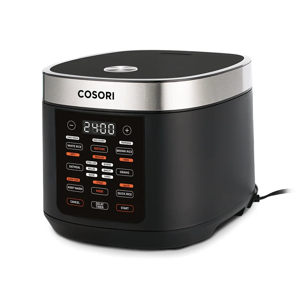Cosori 5.0 Quart Rice Cooker angled 3/4 view highlighting the stainless-steel rim and control panel